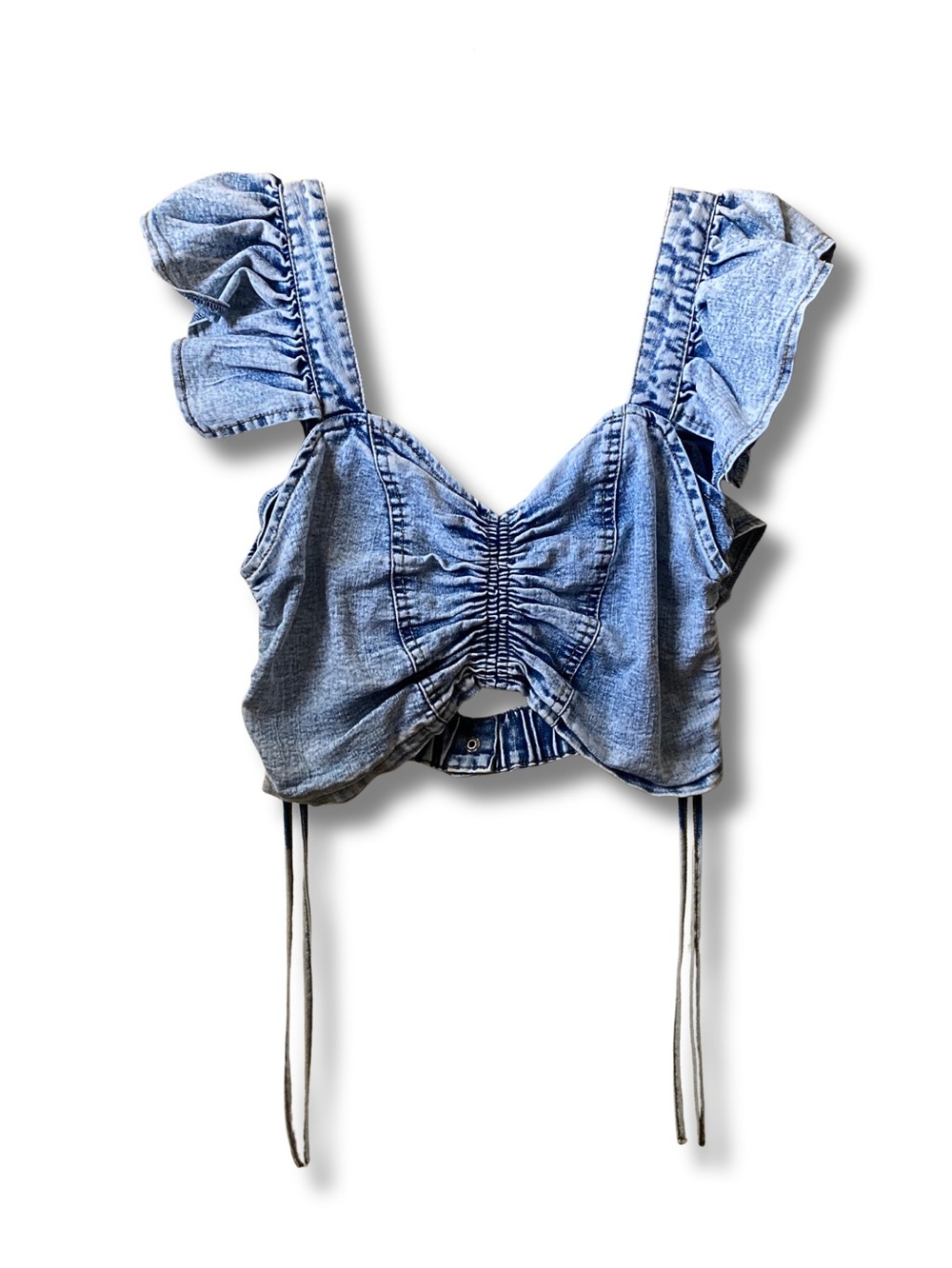 Denim Ruffle Tie-Front Crop Top - Blue